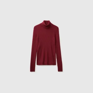 Camisola de gola alta canelada em mistura de seda e lã