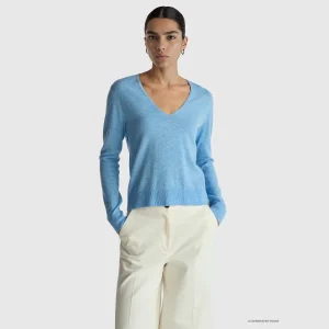 Camisola azul-claro com decote em V em pura lã Merino