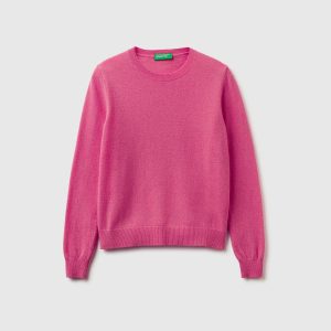 Camisola de gola redonda ameixa em pura lã Merino
