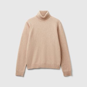 Camisola de gola alta bege em pura lã Merino